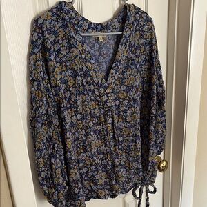 Democracy Blue Floral Blouse with Crossing Tie Front